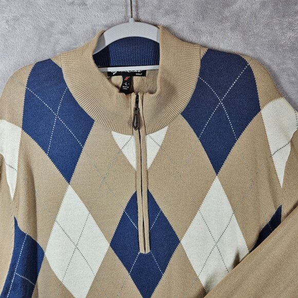 Glen Echo Mens Argyle Zip Pullover Sweater Size L Beige/Blue/White Golf Dad nerd - Picture 2 of 14
